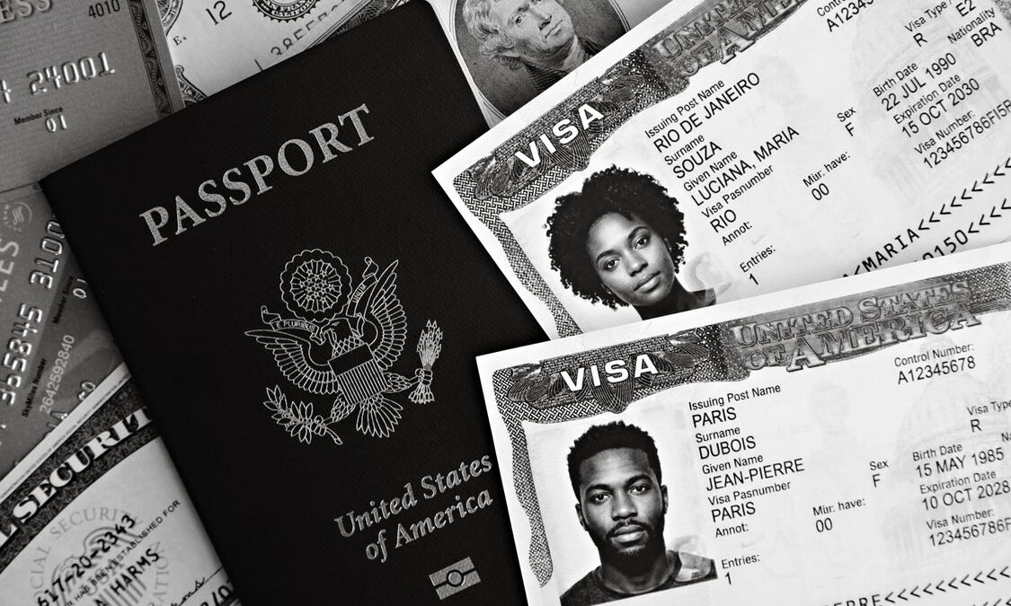 Pasaporte estadounidense y documentos de visa sobre una mesa, ilustración de los trámites migratorios de USCIS