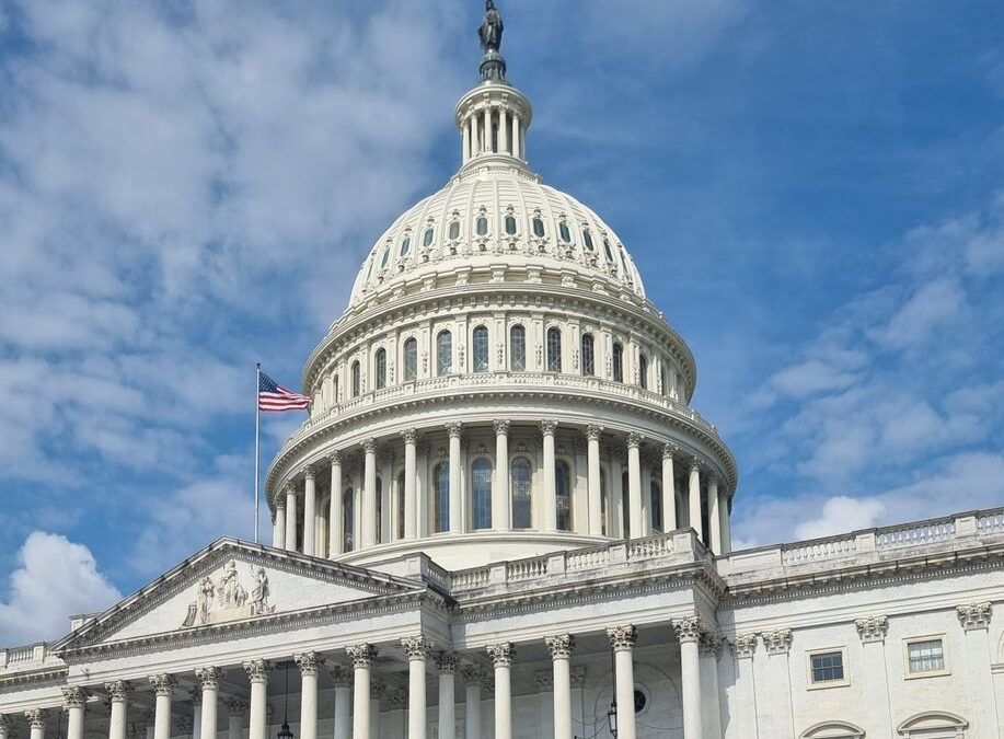 Cúpula del Capitolio de Estados Unidos con la bandera ondeando bajo un cielo azul