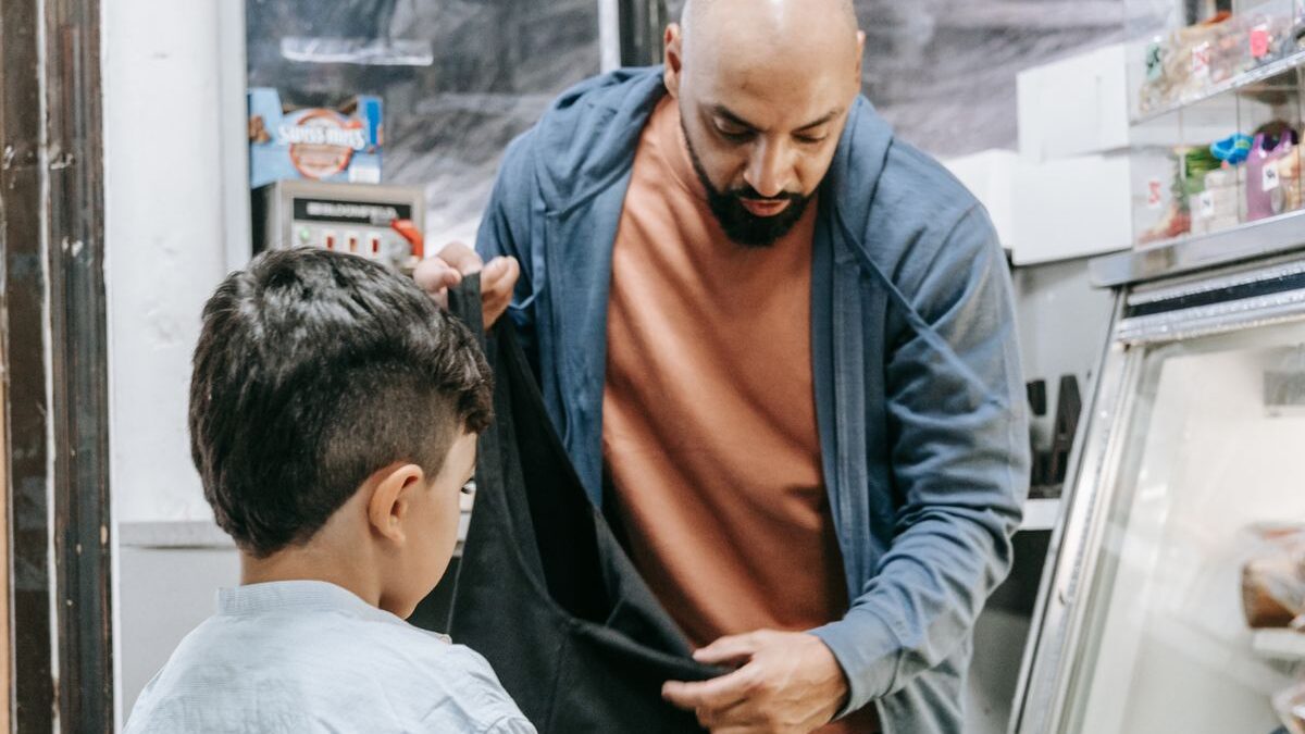 Family buying groceries in a United States supermarket