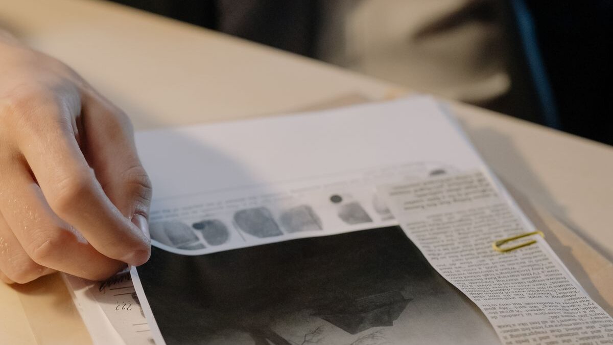 Mano organizando documentos oficiales sobre una mesa
